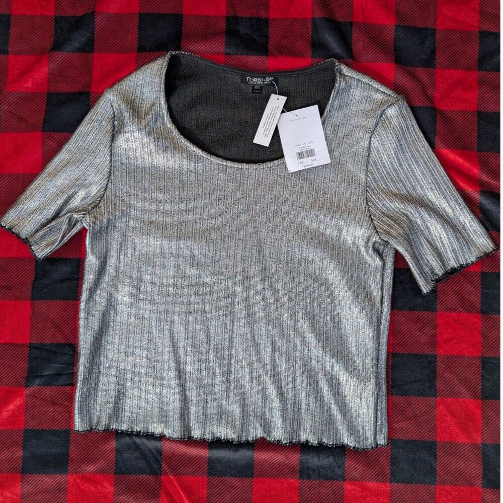 Topshop Silver Metallic Short Sleeve Top NWT Size US 8 UK 12
